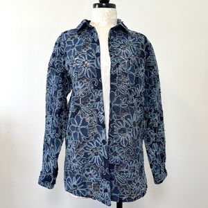 Pilcro denim and lace semi sheer floral button down shirt jacket boho Gypsy med